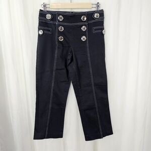 Cache y2k black capri sailor flap pants white stitching large silver buttons 4